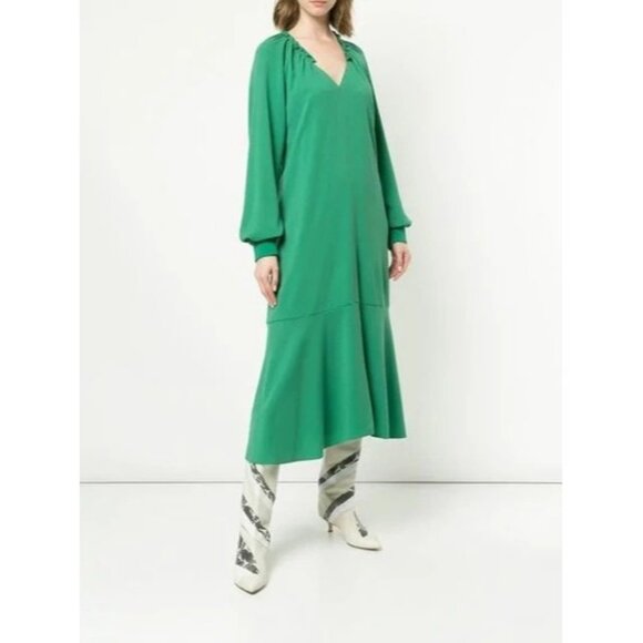 TIBI Savanna Crepe Ruffle Neck Midi Dress Green Womens Size 4 Long Sleeve - Picture 2 of 12
